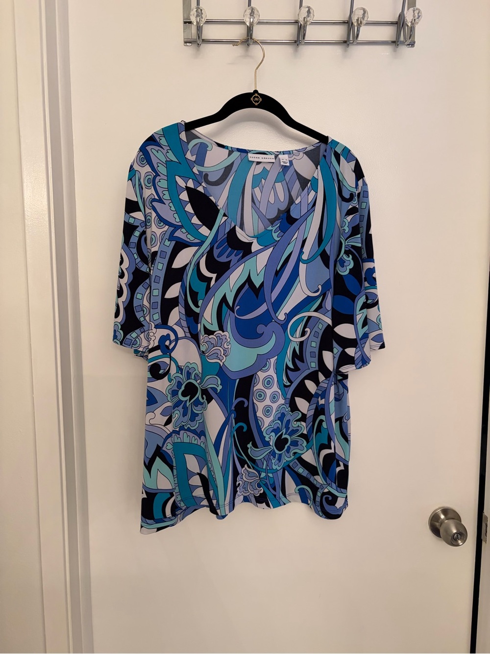 Susan Graver Blue & Aqua Abstract Print Short Sleeve Top